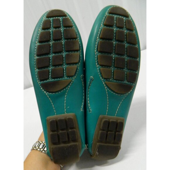 Clarks Turquoise Leather Loafers 7M Slip-On Driving Moccasins Tan Bow Rubber Sol - Picture 5 of 9